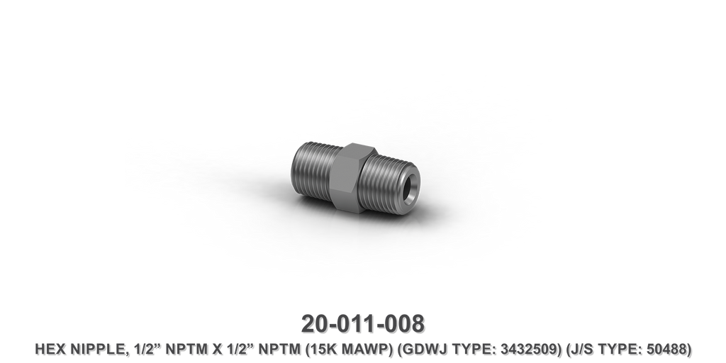 15K MAWP 1/2" NPTM x 1/2" NPTM Hex Nipple