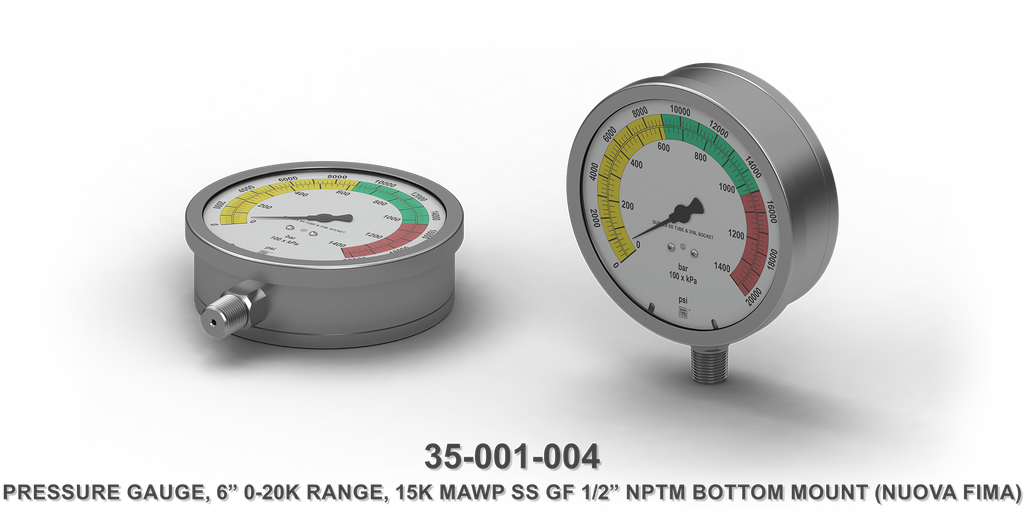 15K MAWP Stainless Steel 6" 0-20K Range 1/2" NPTM Bottom Mount Pressure Gauge