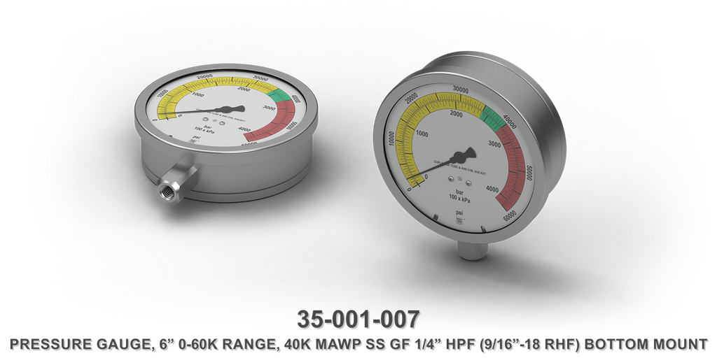 40K MAWP 6" 0-60K Range Stainless Steel GF 1/4" HPF Bottom Mount Pressure Gauge