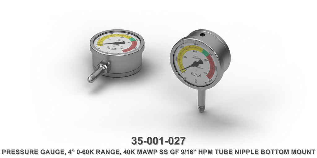 40K MAWP 4" 0-60K Range Stainless Steel GF 9/16" HPM Tube Nipple Bottom Mount Pressure Gauge