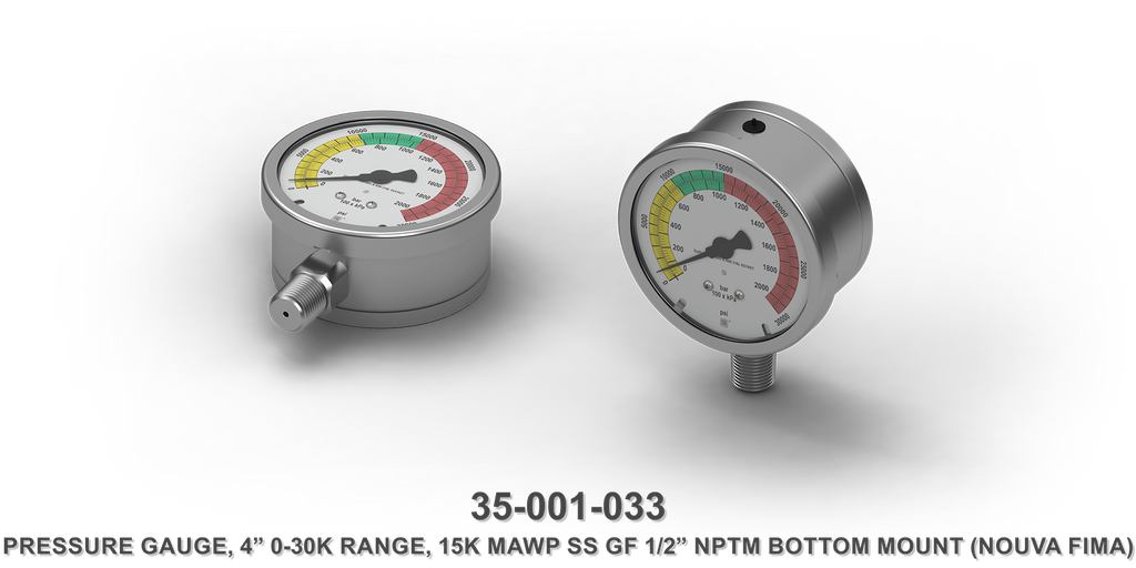 15K MAWP Stainless Steel 4" 0-30K Range 1/2" NPTM Bottom Mount Pressure Gauge